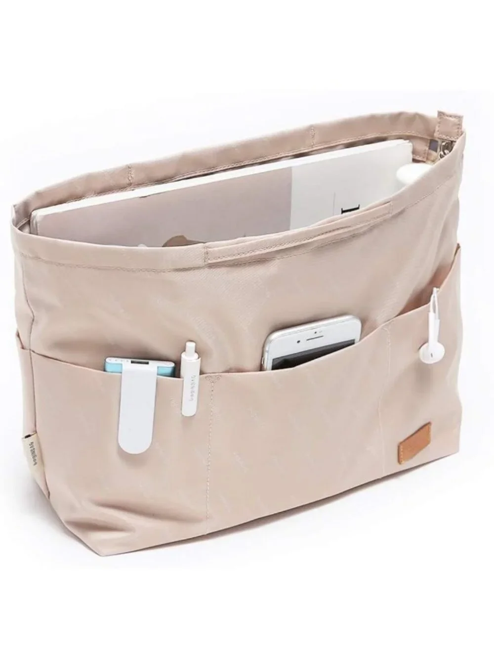 Large Beige Purse Organizer Insert with Zipper - Nylon Fabric for Handbags